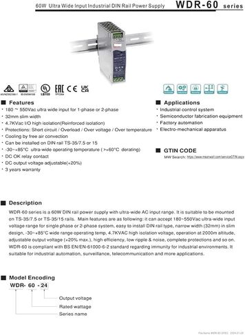 WDR-60 WDR-60-24 Switching Power Supply Ultra-Wide Input Industrial Guide 24V 2.5A 60W in Kuwait