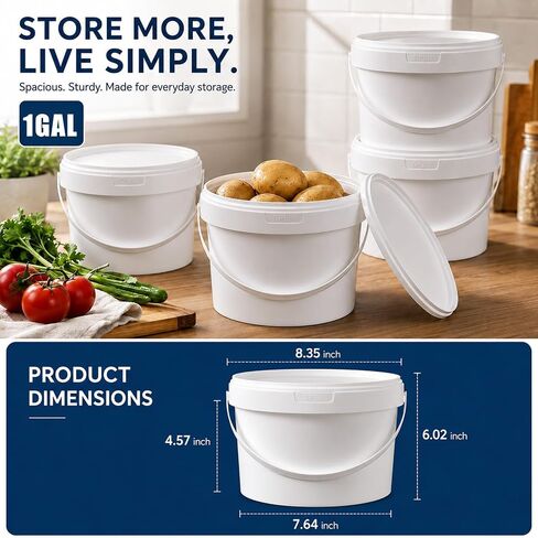 4 Pack 1 Gallon Plastic Bucket with Lid, Round Food Grade Large Storage Container for Water, Paint, Ice & Daily Use in Kuwait