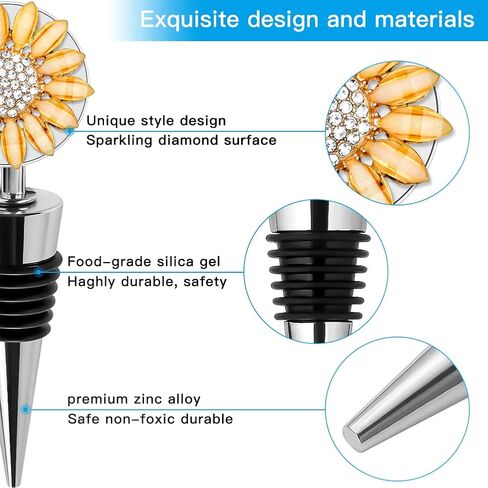 Soleebee 1 Pack Decorative Wine Stoppers, Delicate Diamond-Studded Wine Stopper with Animal and Plant Motifs, Reusable Beverage Bottle Stoppers for Bar, Party, Kitchen Decor (Sunflower) in Kuwait