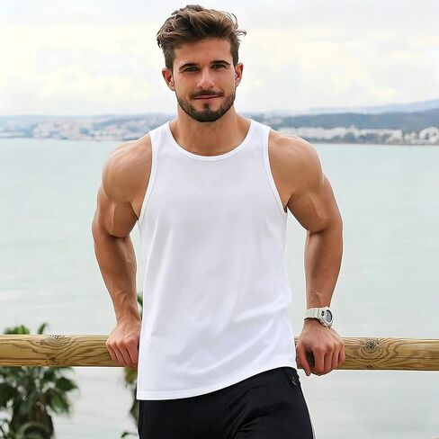 Custom Personalized Men's Sleeveless Tank Top – Print Your Photo Logo & Text, Sleeveless Tshirt for Gym, Running, Beach White in Kuwait
