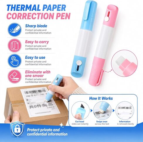 3PCS Thermal Label Correction Marker With Mini Box Cutter Cute, Privacy Information Coverage Fluid Liquid, For Documents, Labels, Packages, Shipping Addresses (Blue) in Kuwait
