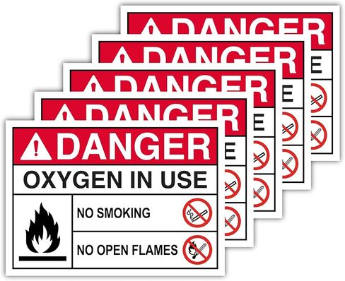 5 Pack Oxygen In Use Warning Labels – 4.13" x 5.83" – No Smoking No Open Flames Signs – Glossy Laminated Polypropylene Self Adhesive Stickers Decals in Kuwait