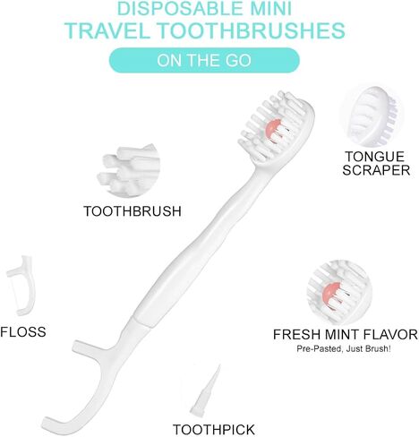 5 in 1 Disposable Mini Toothbrushes with Toothpaste Tongue Scraper Floss Pick Prepasted Travel Toothbrush 12 Pack (Mixed Flavors) in Kuwait