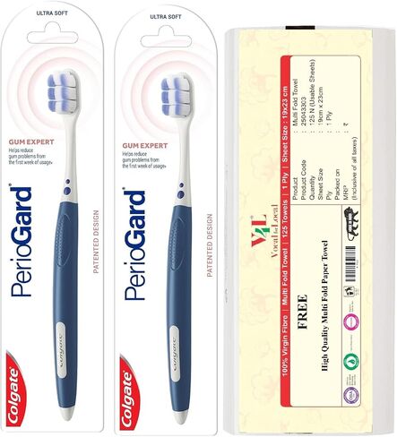 مجموعة فرشاة أسنان Colgate PerioGard Ultra Soft Gum Expert مكونة من 2 + V4L 125 ورقة متعددة الطي مجانًا من المناشف الورقية in Kuwait