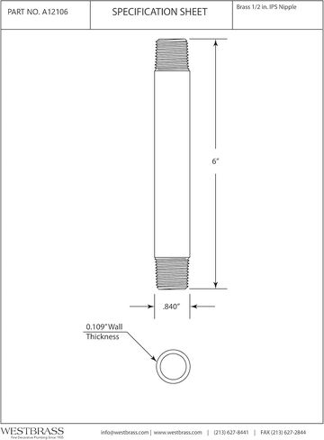 Westbrass A12106-01 ½" x 6" IPS Brass Pipe Nipple, Polished Brass in Kuwait