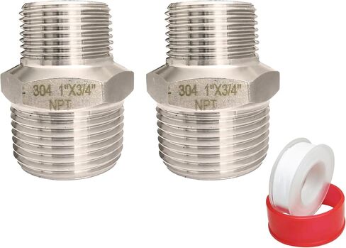 1" Male x 3/4" Male NPT Threaded Reducing Hex Nipple ，304 Stainless Steel Reducing Pipe Fitting Nipple Adapter With Teflon Plumbers Tape (Pack of 2) in Kuwait