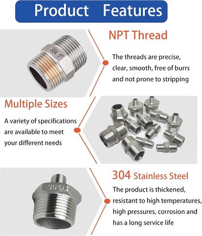 1" Male x 3/4" Male NPT Threaded Reducing Hex Nipple ，304 Stainless Steel Reducing Pipe Fitting Nipple Adapter With Teflon Plumbers Tape (Pack of 2) in Kuwait