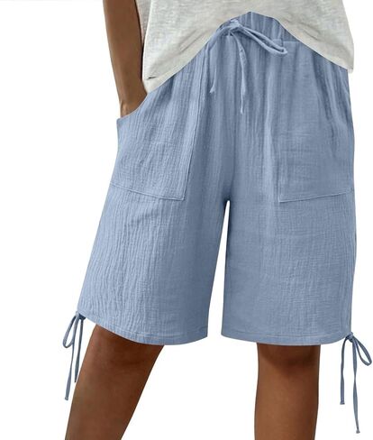 Summer Bermuda Shorts for Women Casual Linen Gauze Wide Leg Drawstring Shorts Beach Vacation Knee Length Short Pants in Kuwait