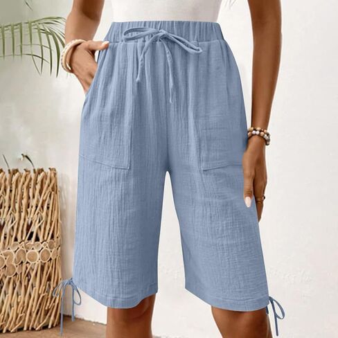 Summer Bermuda Shorts for Women Casual Linen Gauze Wide Leg Drawstring Shorts Beach Vacation Knee Length Short Pants in Kuwait