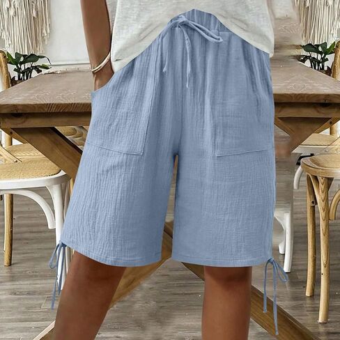 Summer Bermuda Shorts for Women Casual Linen Gauze Wide Leg Drawstring Shorts Beach Vacation Knee Length Short Pants in Kuwait
