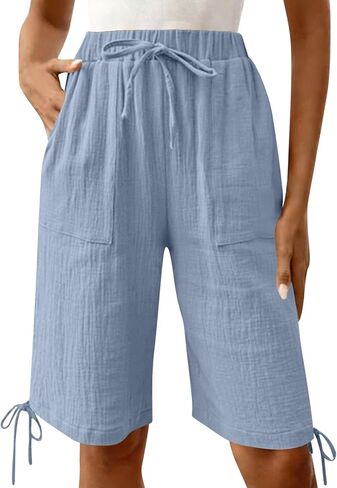 Summer Bermuda Shorts for Women Casual Linen Gauze Wide Leg Drawstring Shorts Beach Vacation Knee Length Short Pants in Kuwait