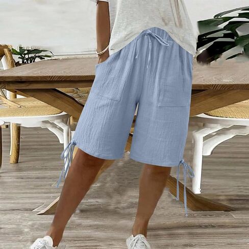 Summer Bermuda Shorts for Women Casual Linen Gauze Wide Leg Drawstring Shorts Beach Vacation Knee Length Short Pants in Kuwait