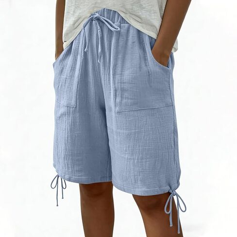 Summer Bermuda Shorts for Women Casual Linen Gauze Wide Leg Drawstring Shorts Beach Vacation Knee Length Short Pants in Kuwait