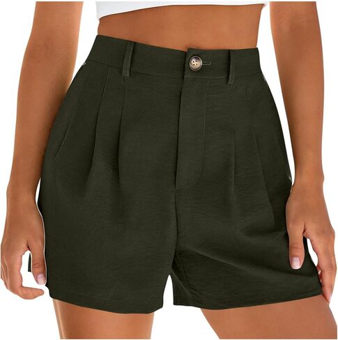 Summer High Waist Cotton Linen Shorts for Women Elastic High Waist Pleated Beach Vacation Shorts with Pockets in Kuwait