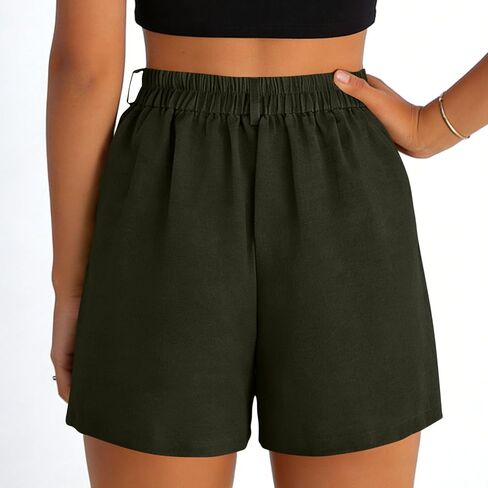 Summer High Waist Cotton Linen Shorts for Women Elastic High Waist Pleated Beach Vacation Shorts with Pockets in Kuwait