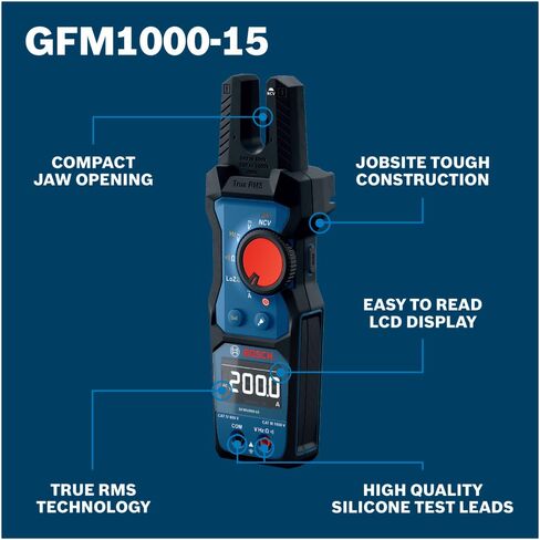 جهاز قياس الشوكة True RMS من BOSCH GFM1000-15، جهاز اختبار كهربائي احترافي بتيار متردد تيار متردد بقدرة 1000 فولت، وكاشف جهد رقمي وشوكة أمبير بقدرة 200 أمبير للعمل الكهربائي in Kuwait