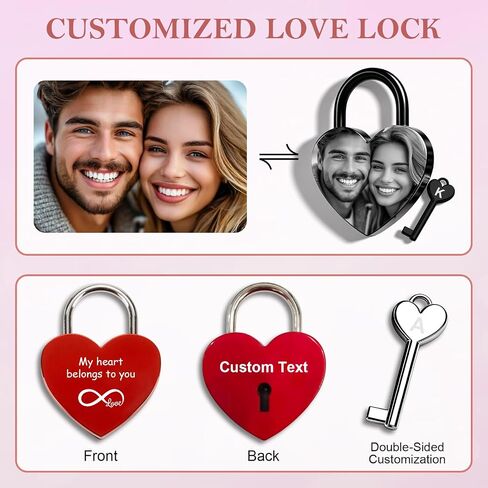 Personalized Heart Love Lock with Photo & Text, Custom Engraved Padlock for Love Bridge, Romantic Anniversary Wedding Valentine’s Day Gift for Couples, Boyfriend, Girlfriend, Him & Her (Red) in Kuwait