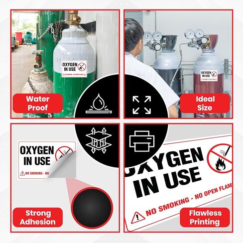 10 x Oxygen In Use Stickers for Business - 4 x 6 Inches No Smoking No Open Flames Signs - Rust Free - Self-Adhesive Premium Vinyl - Fade Resistant/Waterproof - UV Printed With Professional Graphics in Kuwait