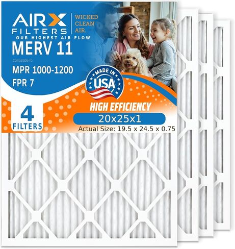 مرشحات AIRX 10x20x1 فلتر فرن الهواء MERV 11، الحساسية، الغبار، وبر الحيوانات الأليفة (4 عبوات) فلتر بديل مطوي إلكتروستاتيكي، فلتر تيار متردد HVAC مصنوع في الولايات المتحدة الأمريكية (الحجم الفعلي: 9.50 × 19.50 × 0.75 بوصة) in Kuwait