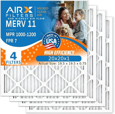 مرشحات AIRX 10x20x1 فلتر فرن الهواء MERV 11، الحساسية، الغبار، وبر الحيوانات الأليفة (4 عبوات) فلتر بديل مطوي إلكتروستاتيكي، فلتر تيار متردد HVAC مصنوع في الولايات المتحدة الأمريكية (الحجم الفعلي: 9.50 × 19.50 × 0.75 بوصة) in Kuwait