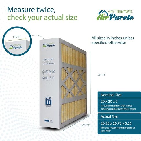 فلتر هواء AirPurete 20x20x5 MERV 11، بديل لمرشحات فرن HVAC AC المطوية لـ Goodman وAmana وخمسة مواسم وأكثر (الحجم الفعلي: 20-1/4" x 20-3/4" x 5-1/4") | 3 عبوات in Kuwait