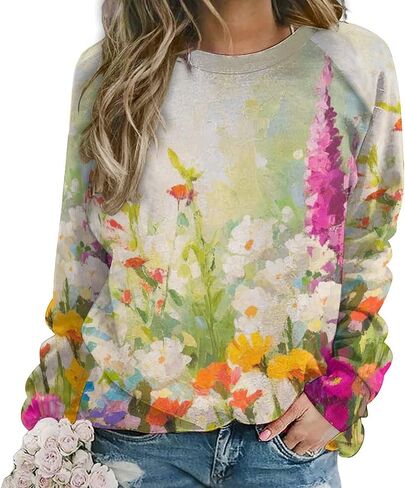 دوميريكا بلوزات للنساء الأزهار ملابس منقوشة بكم طويل البلوز Crewneck المتضخم العصرية 2024 الخريف وتتسابق الموضة in Kuwait