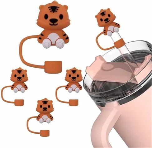 4pcs Tiger Straw Cover for Stanley 40&30 Oz Cup, 10mm Silicone Straw Covers Cap for Stanley Cup Accessories, Cute Topper for Tumblers, Cap Stopper for Reusable Straws Tip Lids in Kuwait