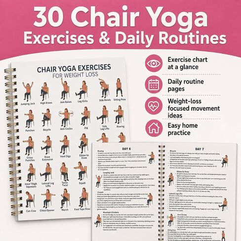 Chair Yoga Guide Book for Beginners, 30-Days 60 Workouts for Weight Loss & Flexibility, Spiral Bound Senior Exercise Book (5.5x8.3 Inch, Pink) in Kuwait
