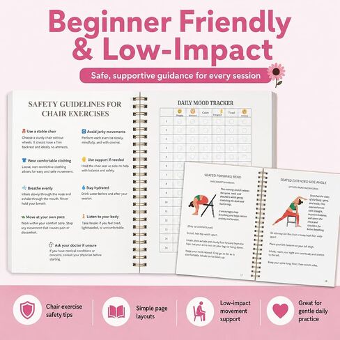 Chair Yoga Guide Book for Beginners, 30-Days 60 Workouts for Weight Loss & Flexibility, Spiral Bound Senior Exercise Book (5.5x8.3 Inch, Pink) in Kuwait