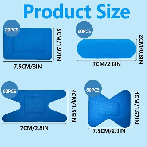 200 Pack Blue Adhesive Bandages Assorted Shapes – Waterproof Flexible Fingertip & Knuckle First Aid Strips in Kuwait