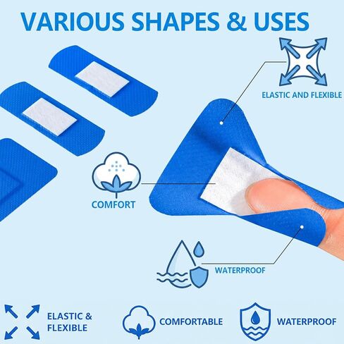 200 Pack Blue Adhesive Bandages Assorted Shapes – Waterproof Flexible Fingertip & Knuckle First Aid Strips in Kuwait