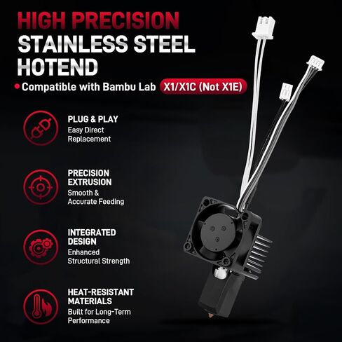 مجموعة Hotend من الفولاذ المقوى 0.4 مم متوافقة مع طابعات Bambu Lab X1 / X1C ثلاثية الأبعاد، فوهة 0.4 مم، كاملة مع مروحة تبريد، سخان سيراميك وثرمستور، تدعم حتى 300 درجة مئوية in Kuwait