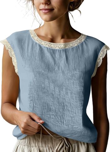 Linen Tops for Women Lace Trim V Neck Cotton Gauze Shirts Summer Vacation Boho Cap Sleeve Dressy Casual Blouses in Kuwait