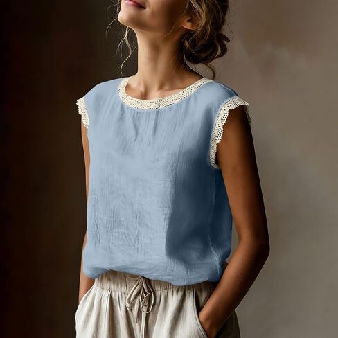 Linen Tops for Women Lace Trim V Neck Cotton Gauze Shirts Summer Vacation Boho Cap Sleeve Dressy Casual Blouses in Kuwait