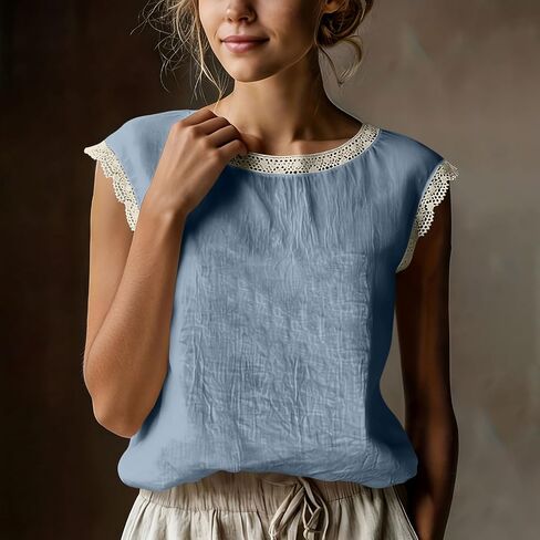 Linen Tops for Women Lace Trim V Neck Cotton Gauze Shirts Summer Vacation Boho Cap Sleeve Dressy Casual Blouses in Kuwait
