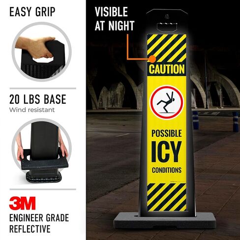 Caution Possible ICY Conditions Vertical Panel Sign Kit, | Double Sided 3M Engineer Grade Reflective, With 20 lbs Black Portable Rubber Base, Impact Resistant Plastic Frame in Kuwait