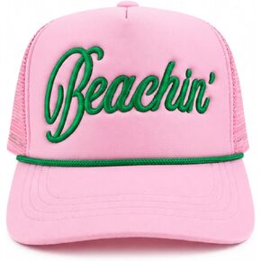 قبعة Beachin' Trucker للنساء، قبعة شبكية وردية اللون مع حروف مطرزة باللون الأخضر، قبعة الشاطئ الصيفية، قبعة بيسبول للعطلات، قبعة سائق شاحنة قابلة للتعديل in Kuwait