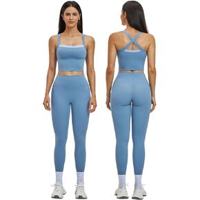 Women 2 Piece Workout Set Built-in Bra High Waist Leggings | Scoop Neck Cross Back Top with Removable Pads and Stretch Leggings for Gym Training Yoga Pilates Daily Activewear in Kuwait