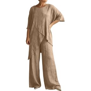 Womens 2 Piece Outfits Summer Cotton Linen Casual Matching Sets Lounge 3/4 Sleeve Asymmetrical Top and Wide Leg Pants in Kuwait