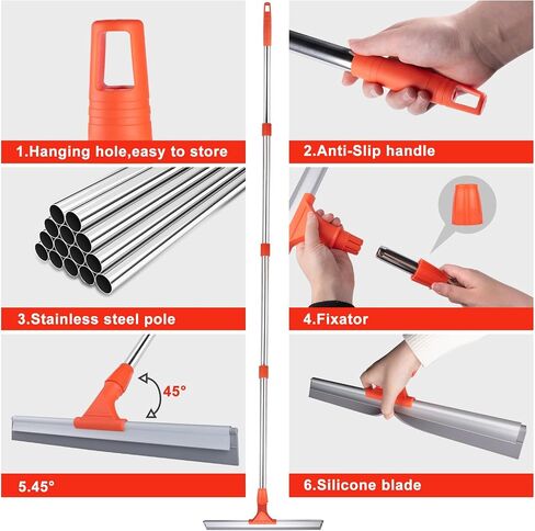BITOPE Floor Squeegee for Cleaning, 17.3" Heavy-Duty Squeegee for Floor, Silicone Scrubber Broom with 5 Ft Stainsless Steel Long Handle for Bathroom, Glass Windows, Tile, Garage, Deck in Kuwait