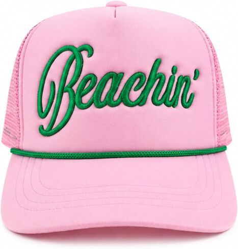 قبعة Beachin' Trucker للنساء، قبعة شبكية وردية اللون مع حروف مطرزة باللون الأخضر، قبعة الشاطئ الصيفية، قبعة بيسبول للعطلات، قبعة سائق شاحنة قابلة للتعديل in Kuwait