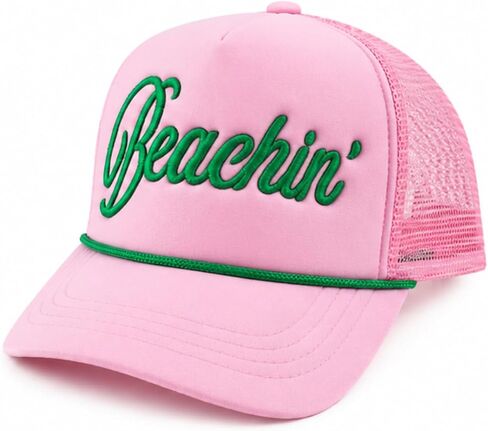 قبعة Beachin' Trucker للنساء، قبعة شبكية وردية اللون مع حروف مطرزة باللون الأخضر، قبعة الشاطئ الصيفية، قبعة بيسبول للعطلات، قبعة سائق شاحنة قابلة للتعديل in Kuwait