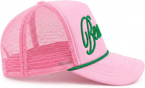 قبعة Beachin' Trucker للنساء، قبعة شبكية وردية اللون مع حروف مطرزة باللون الأخضر، قبعة الشاطئ الصيفية، قبعة بيسبول للعطلات، قبعة سائق شاحنة قابلة للتعديل in Kuwait