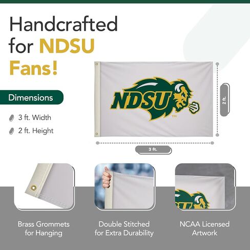 علم مطبوع من North Dakota State Bison College Sports - مرخص من الرابطة الوطنية لرياضة الجامعات (NCAA) - نايلون - لافتة مدرسية (أبيض، أخضر، ذهبي) (3 × 5 بوصات) in Kuwait