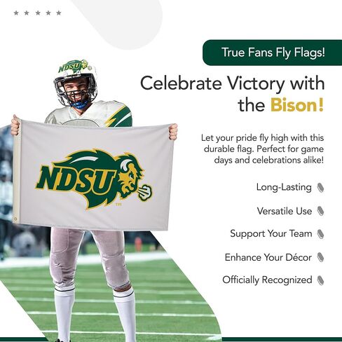 علم مطبوع من North Dakota State Bison College Sports - مرخص من الرابطة الوطنية لرياضة الجامعات (NCAA) - نايلون - لافتة مدرسية (أبيض، أخضر، ذهبي) (3 × 5 بوصات) in Kuwait