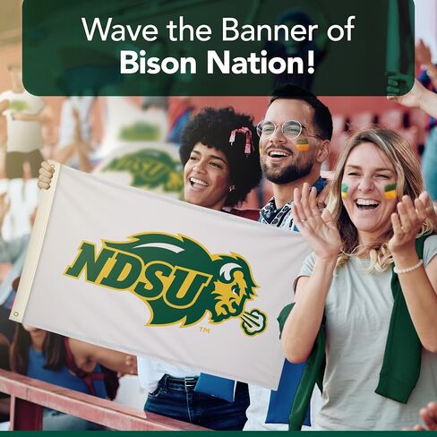 علم مطبوع من North Dakota State Bison College Sports - مرخص من الرابطة الوطنية لرياضة الجامعات (NCAA) - نايلون - لافتة مدرسية (أبيض، أخضر، ذهبي) (3 × 5 بوصات) in Kuwait