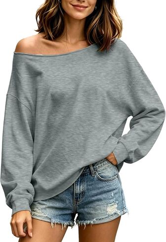 Off The Shoulder Tops For Women Lightweight Pullover Sweatshirt Drop Shoulder Long Sleeve Loose Casual Fall Sweaters in Kuwait