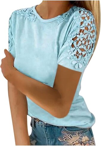 Summer Cold Shoulder Tops for Women Casual Lace Crochet Short Sleeve T Shirts Loose Fit Round Neck Solid Blouse in Kuwait