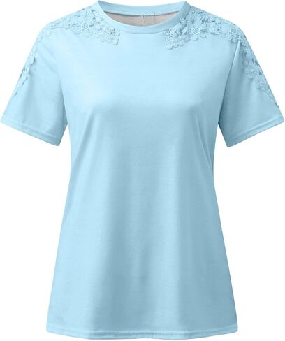 Summer Cold Shoulder Tops for Women Casual Lace Crochet Short Sleeve T Shirts Loose Fit Round Neck Solid Blouse in Kuwait