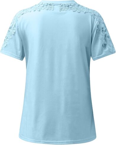 Summer Cold Shoulder Tops for Women Casual Lace Crochet Short Sleeve T Shirts Loose Fit Round Neck Solid Blouse in Kuwait